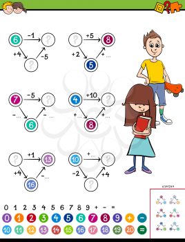 Cartoon Illustration of Educational Mathematical Calculation Puzzle Game for Kids