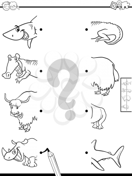 Black and White Cartoon Illustration of Educational Game of Matching Halves of Pictures with Wild Animals Color Book