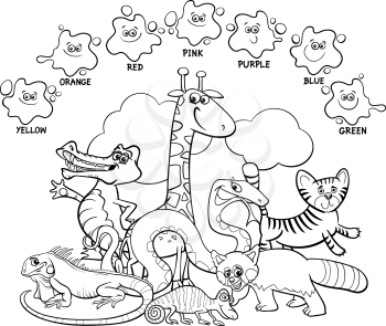Black and White Cartoon Illustration of Basic Colors Educational Page for Children with Wild Animal Characters Coloring Book