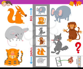 Cartoon Illustration of Educational Game of Finding the Largest and the Smallest Animal with Funny Characters for Children