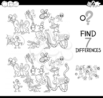 Black and White Cartoon Illustration of Finding Seven Differences Between Pictures Educational Game for Children with Insects Animal Characters Coloring Book