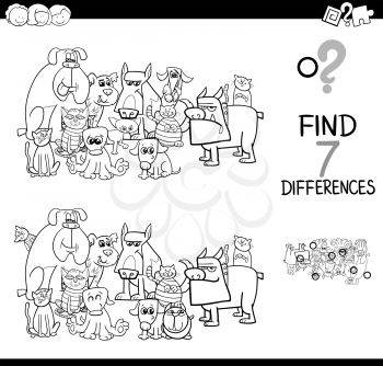 Black and White Cartoon Illustration of Finding Seven Differences Between Pictures Educational Game for Children with Dogs and Cats Animal Characters Group Coloring Book
