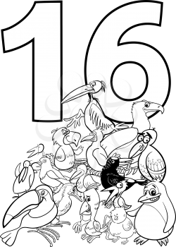 Black and White Cartoon Illustration of Number Sixteen and Bird Characters Group Coloring Book