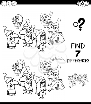 Black and White Cartoon Illustration of Finding Seven Differences Between Pictures Educational Game for Children with Christmas Characters Coloring Book