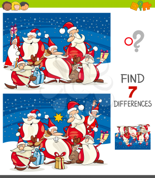 Cartoon Illustration of Finding Seven Differences Between Pictures Educational Game for Kids with Santa Claus Christmas Characters