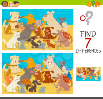 Cartoon Illustration of Finding Seven Differences Between Pictures Educational Game for Children with Dogs and Cats