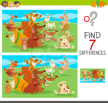 Cartoon Illustration of Finding Seven Differences Between Pictures Educational Puzzle for Children with Dogs