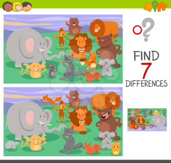 Cartoon Illustration of Finding Seven Differences Between Pictures Educational Puzzle for Children with Animal Characters