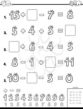 Black and White Cartoon Illustration of Educational Mathematical Calculation Puzzle Worksheet for Children Coloring Book