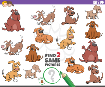 Cartoon Illustration of Finding Two Same Pictures Educational Game for Children with Dogs and Puppies Animal Characters