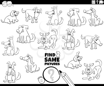 Black and White Cartoon Illustration of Finding Two Same Pictures Educational Task for Children with Funny Dogs Animal Characters Coloring Book Page