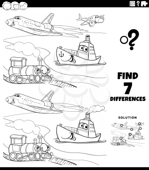 Black and White Cartoon Illustration of Finding Differences Between Pictures Educational Game for Children with Comic Transportation Vehicle Characters Coloring Book Page