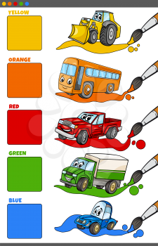 Cartoon Illustration of Basic Colors with Funny Vehicle Characters Educational Set for Preschool Children