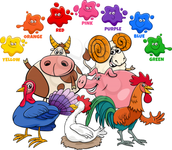 Educational Cartoon Illustration of Basic Colors for Children with Farm Animal Characters Group