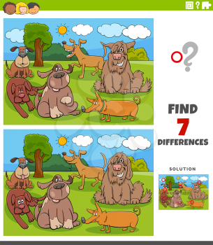 Cartoon Illustration of Finding Differences Between Pictures Educational Game for Kids with Comic Dogs Group