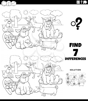 Black and White Cartoon Illustration of Finding Differences Between Pictures Educational Game for Kids with Comic Dogs Group Coloring Book Page