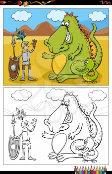 Cartoon illustration of knight and dragons coloring book page