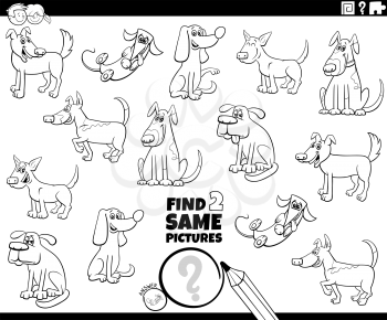 Black and White Cartoon Illustration of Finding Two Same Pictures Educational Task for Children with Dogs Animal Characters Coloring Book Page