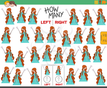 Cartoon Illustration of Educational Game of Counting Left and Right Oriented Pictures of Young Witch Fantasy Character
