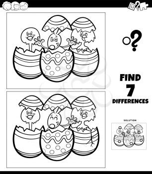Black and White Cartoon Illustration of Finding Differences Between Pictures Educational Game for Children with Easter Bunny and Chick Characters Coloring Book Page