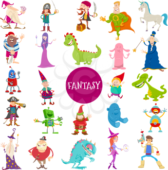 Cartoon Illustrations of Funny Fantasy Characters Large Set