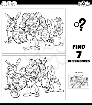 Black and White Cartoon Illustration of Finding Differences Between Pictures Educational Game for Children with Easter Bunny Characters Coloring Book Page