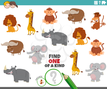 Cartoon Illustration of Find One of a Kind Picture Educational Task with Funny Wild Animal Characters