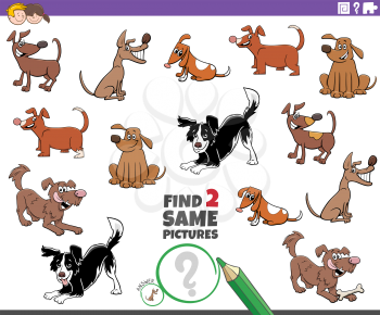 Cartoon Illustration of Finding Two Same Pictures Educational Task for Children with Dogs Funny Animal Characters