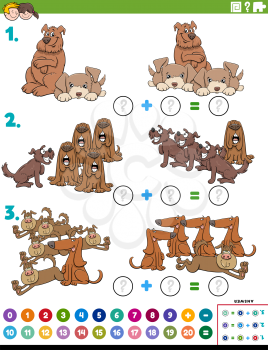 Cartoon illustration of educational mathematical addition puzzle task with funny dog characters