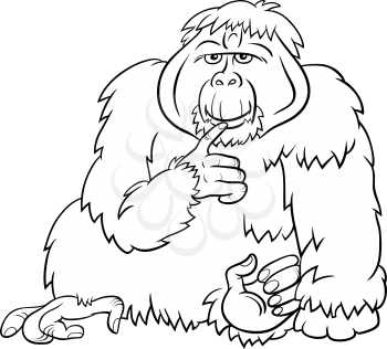 Black and White Cartoon Illustration of Funny Orangutan Ape Wild Animal Character Coloring Book Page