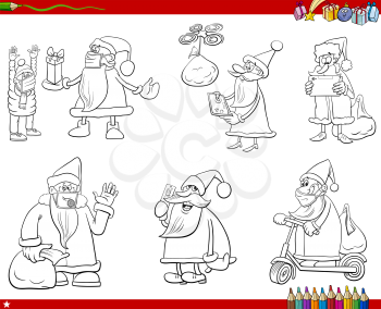 Black and white illustration of Christmas holidays cartoons set with Santa Claus characters coloring book page
