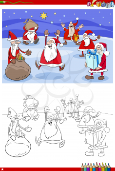 Cartoon Illustration of Santa Claus Christmas characters group coloring book page