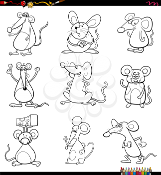 Black and white cartoon illustration of funny mice comic animal characters set coloring book page