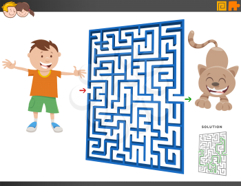Cartoon Illustration of Educational Maze Puzzle Game for Children with Boy and Cat or Kitten Animal Character