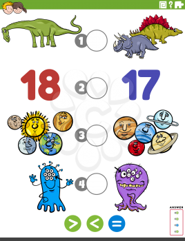 Cartoon Illustration of Educational Mathematical Puzzle Game of Greater Than, Less Than or Equal to for Children with Comic Characters Worksheet Page
