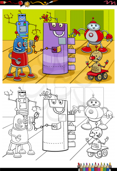 Cartoon Illustration of Robots and Droids Fantasy Characters Group Coloring Book Page