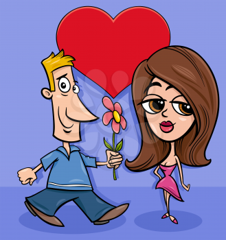 Valentines Day greeting card cartoon illustration with woman and man couple characters in love