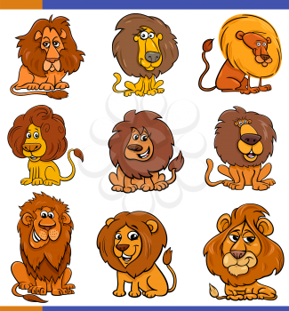 Cartoon illustration of lions comic wild animal characters set