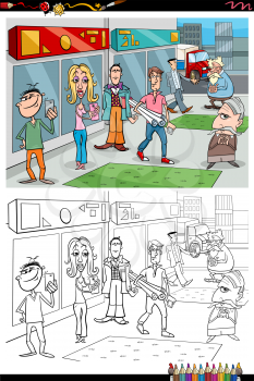 Cartoon Illustration of People Characters in the City Coloring Book Page