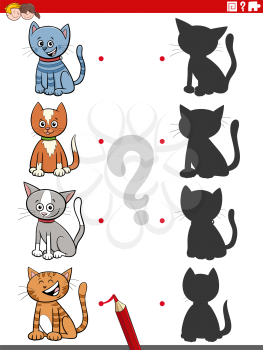 Cartoon Illustration of Match the Right Shadows with Pictures Educational Game for Kids with Cats and Kittens Characters