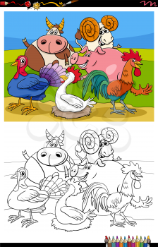Cartoon Illustration of Farm Animal Characters Group Coloring Book Page