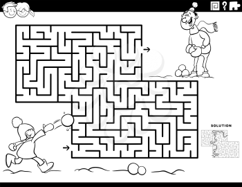 Black and white cartoon illustration of educational maze puzzle game for children with boy and his dad on winter time coloring book page