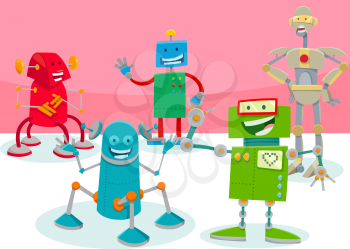 Cartoon Illustration of Happy Robots or Droids Fantasy Characters