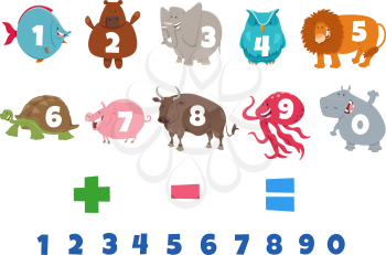 Cartoon Illustration of Numbers Set from One to Nine with Funny Animal Characters