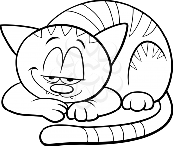 Black and White Cartoon Illustration of Funny Sleepy Cat or Kitten Comic Animal Character Coloring Book Page