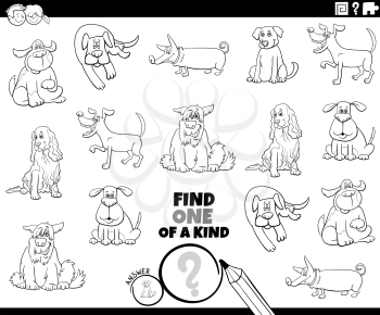 Black and White Cartoon Illustration of Find One of a Kind Picture Educational Game with Comic Dogs Animal Characters Coloring Book Page