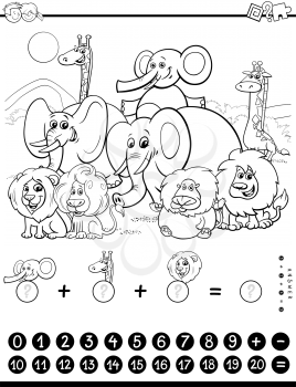 Black and White Cartoon Illustration of Educational Mathematical Counting and Addition Game for Children with Wild Animal Characters Coloring Book