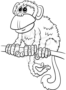 Black and white cartoon illustration of comic monkey primate animal character on branch coloring book page