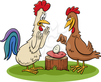 Cartoon illustration of rooster and hen with egg farm animal characters