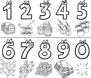Black and White Cartoon Illustration of Educational Numbers Set from One to Nine with different Objects Coloring Book Page